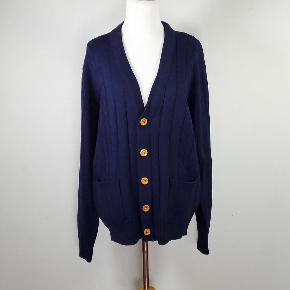 Vintage Campus Cardigan Grandpa Blue Wooden Button Pockets V-neck Preppy Sz L